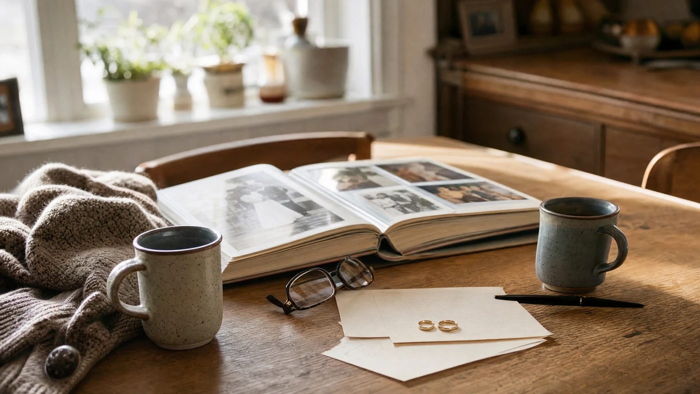 Photo album, mugs, reading glasses, and wedding rings representing couples therapy after 70