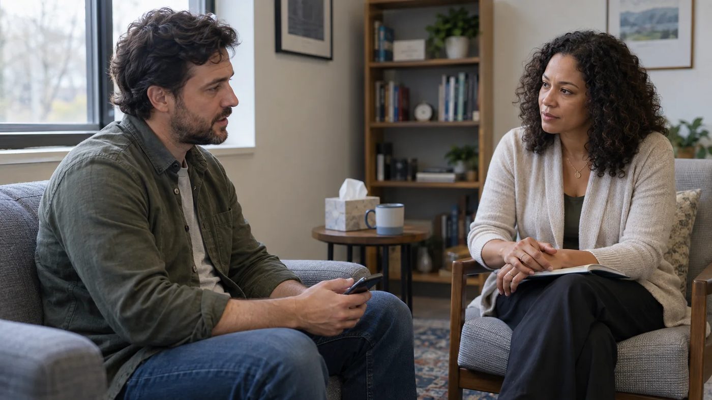 A client holding a phone speaks with an attentive therapist about AI privacy and boundaries.