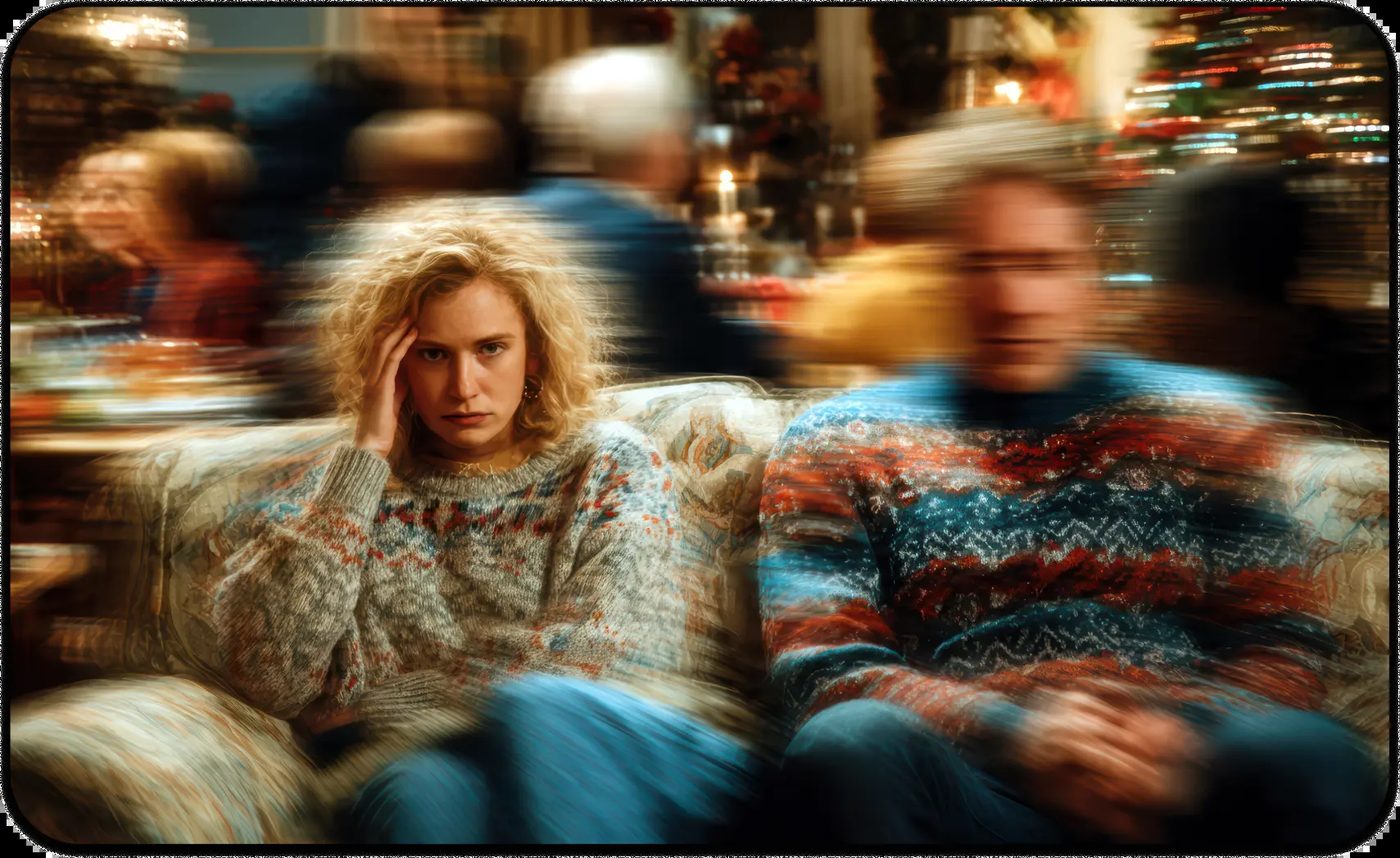 Holiday family conflict scene with anxious woman on sofa and blurred relatives in the background