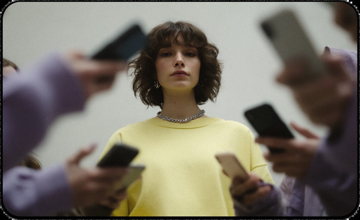 Young woman looking serious while surrounded by phones, showing pressure and dating app burnout.