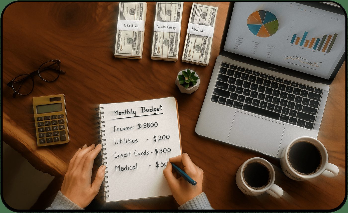 Budget planning essentials: monthly budget notebook, laptop, and calculator for effective expense management.