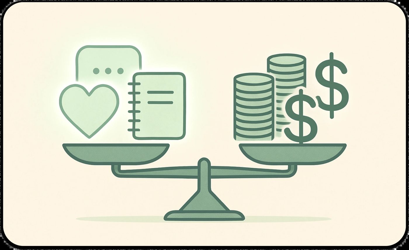 Illustration of financial therapy concept with money on one side of a scale and heart and notes on the other side, symbolizing balance between mental health and finances trying to achieve affordable therapy.
