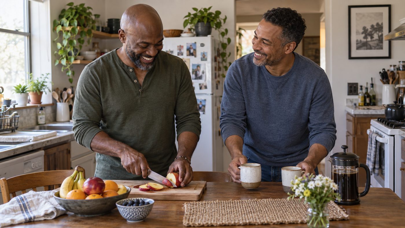 Two men share a smile while preparing breakfast together.
