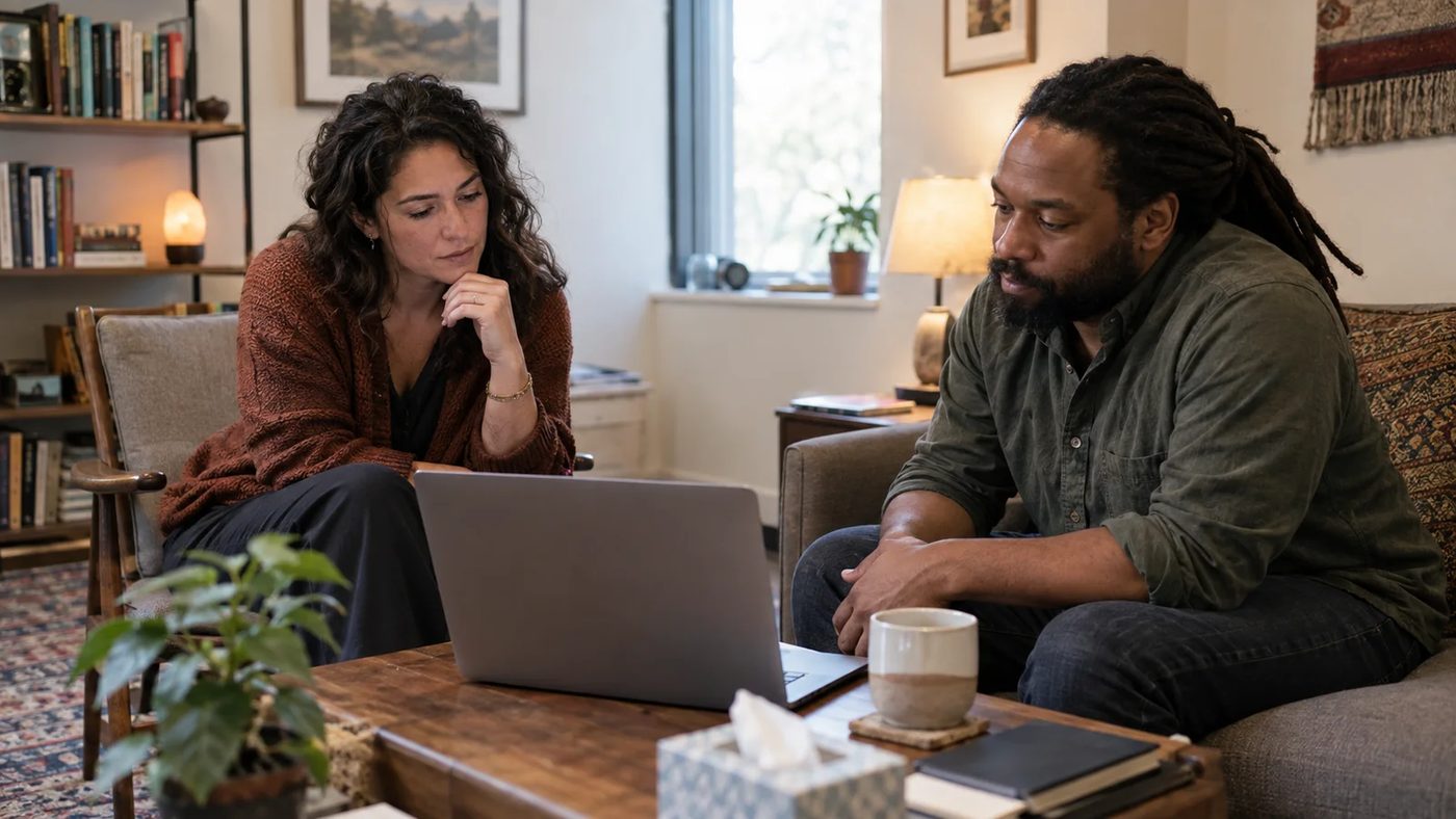A therapist and client quietly review AI-generated material together on a laptop.