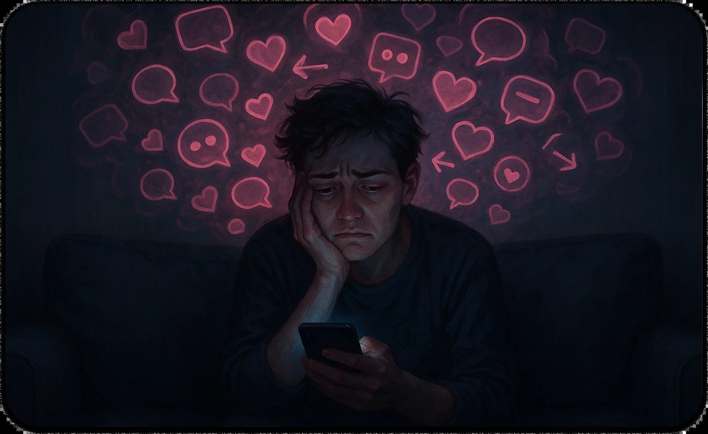 Lonely man staring at his phone surrounded by social media icons, symbolizing dating app burnout.