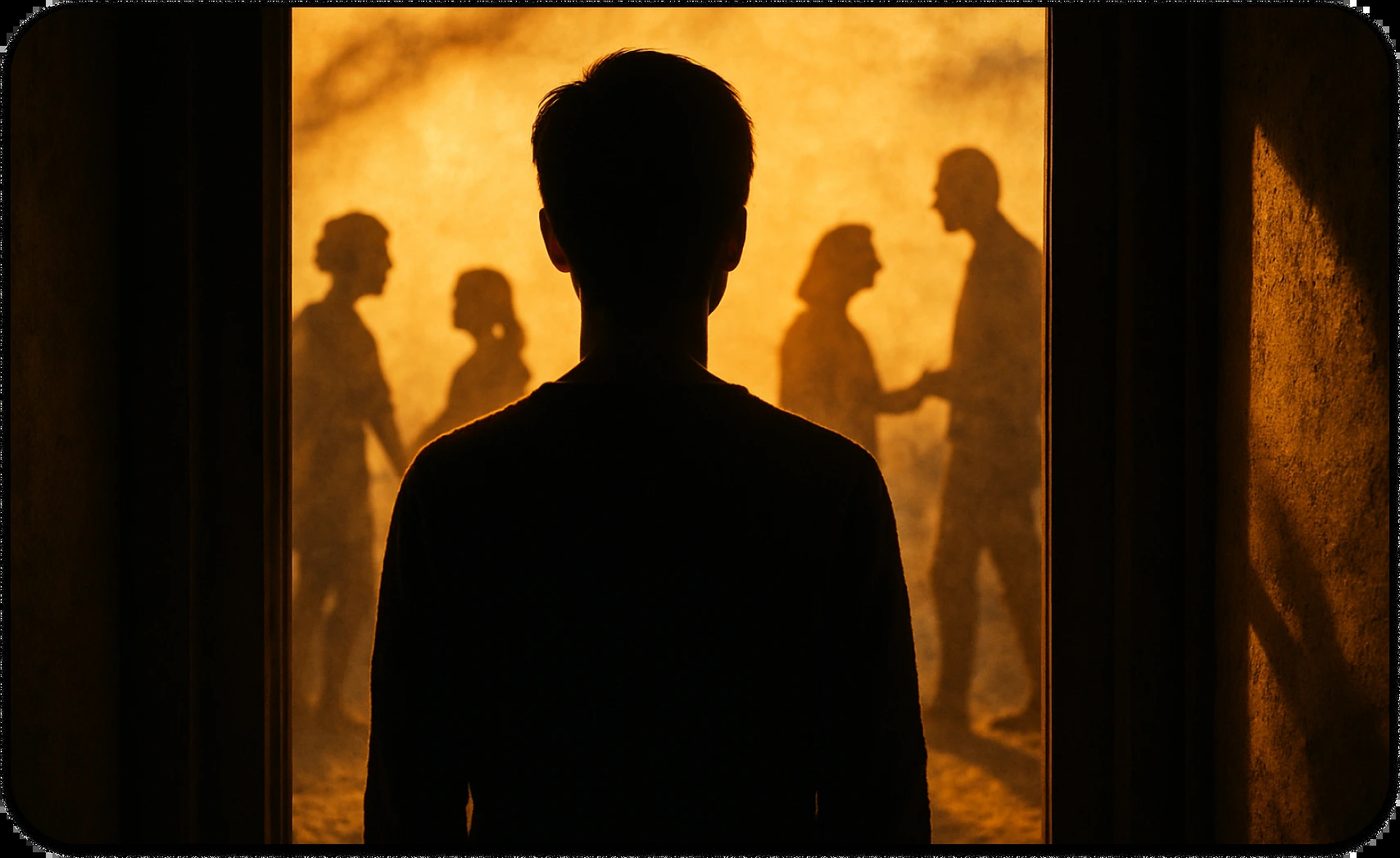 Silhouette of person with ASD Level 1 with social anxiety looking toward social connections through window, symbolizing the path from isolation to belonging with therapeutic support