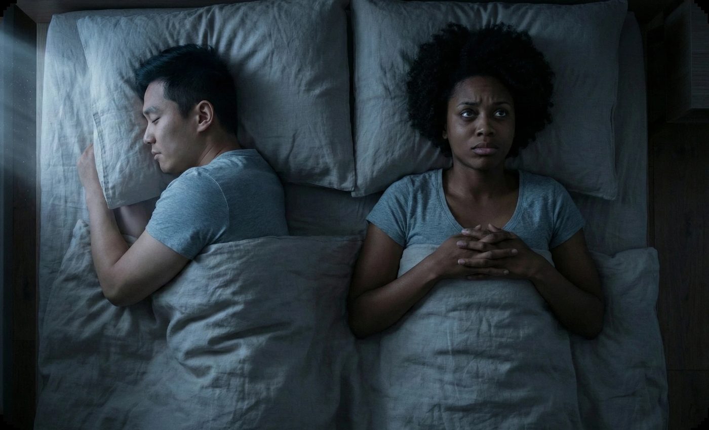 Anxious woman wide awake in bed, clasping hands, next to a peacefully sleeping man; visualizing self-doubt in relationships.