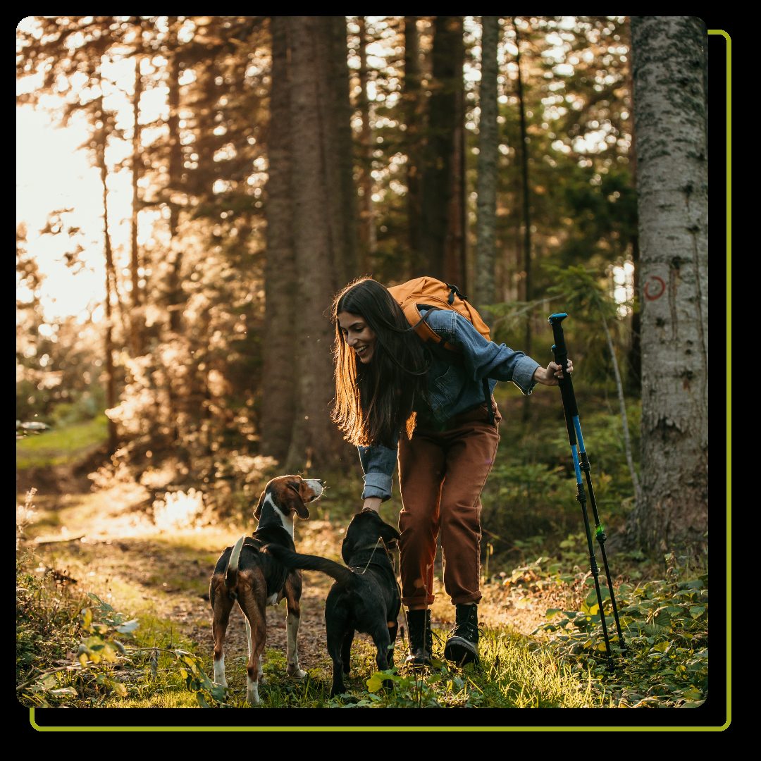 woman walking in forest with two dogs