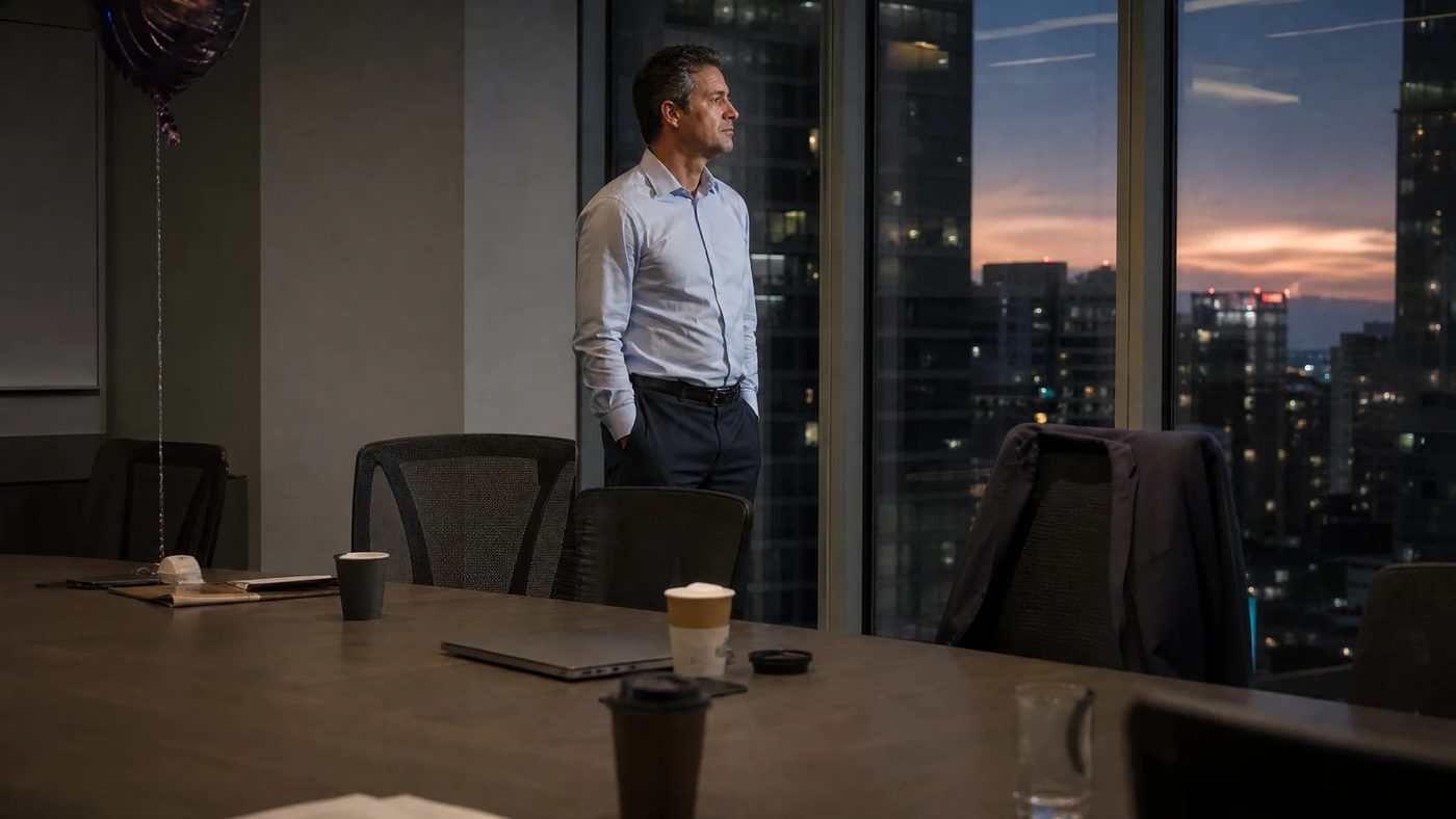 High-achieving professional standing alone after work and reflecting on success and fulfillment