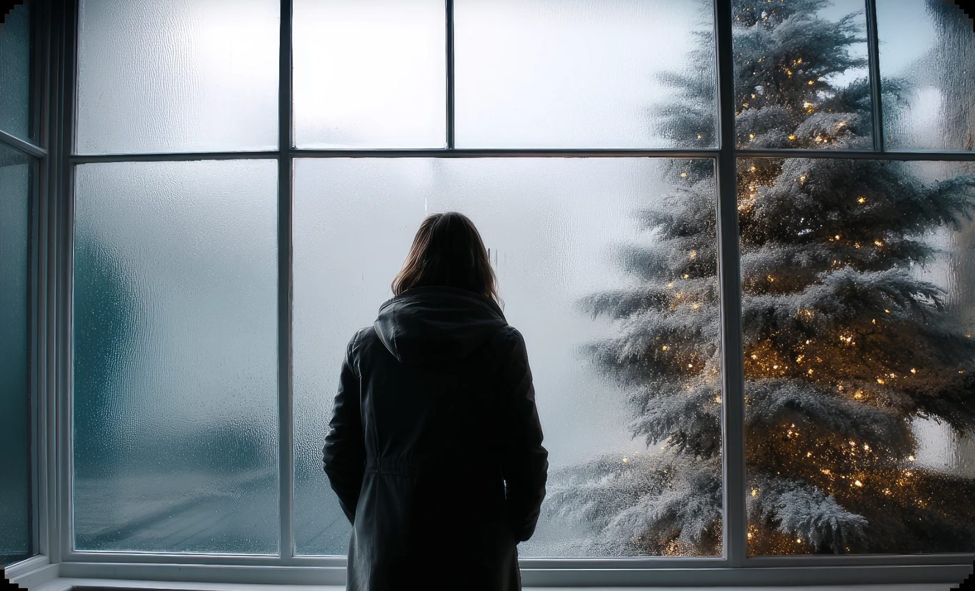 Person in dark coat looks out frosted window at snow-covered tree with lights, reflecting on seasonal affective disorder.