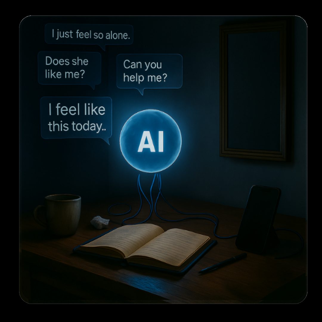 Surreal digital therapy scene featuring a glowing AI orb projecting emotional conversation fragments like “Am I being defensive?” and “What's my attachment style?” in a quiet, moody room. Represents how people use ChatGPT and AI tools for mental health support, journaling, and self-reflection without a human therapist for AI therapy.