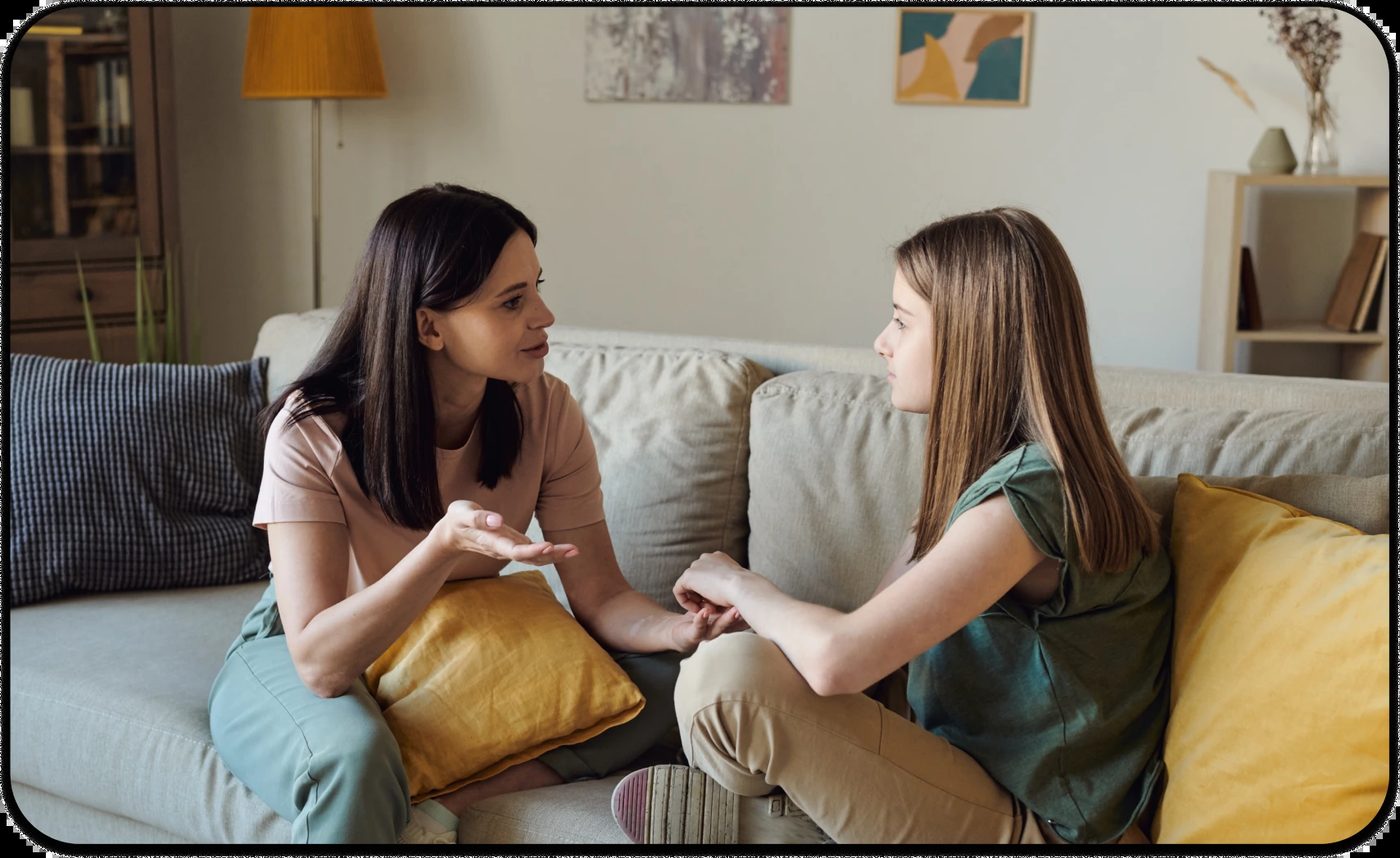 mother and daughter representing sex talk with kids with a serious discussion
