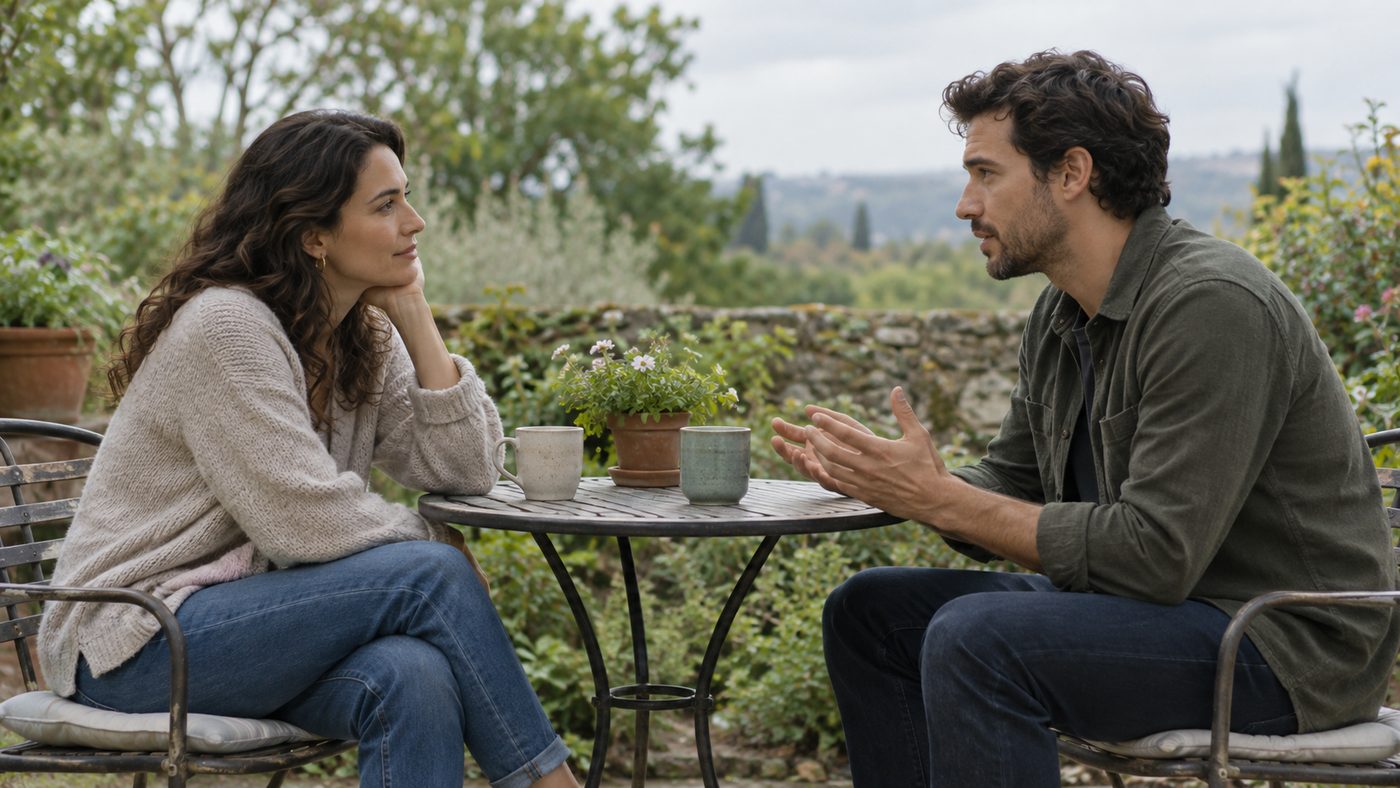 Two partners listen and talk with each other across a garden table.
