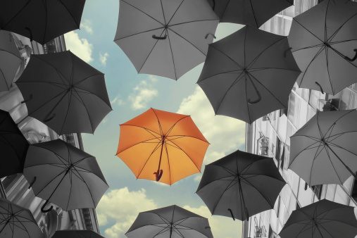 Orange umbrella in crowd of gray umbrellas