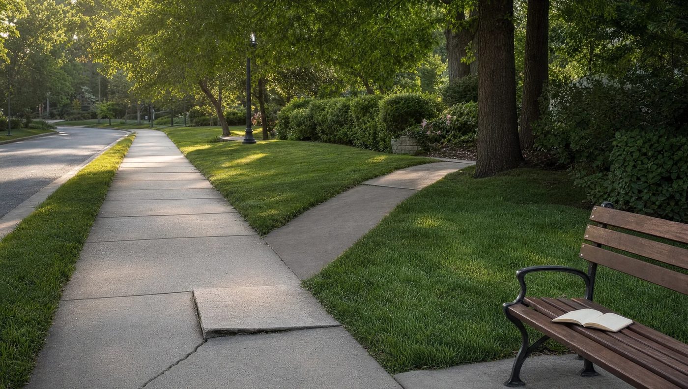 Sidewalk with an uneven paving stone and a branching path, symbolizing awareness of repeated patterns