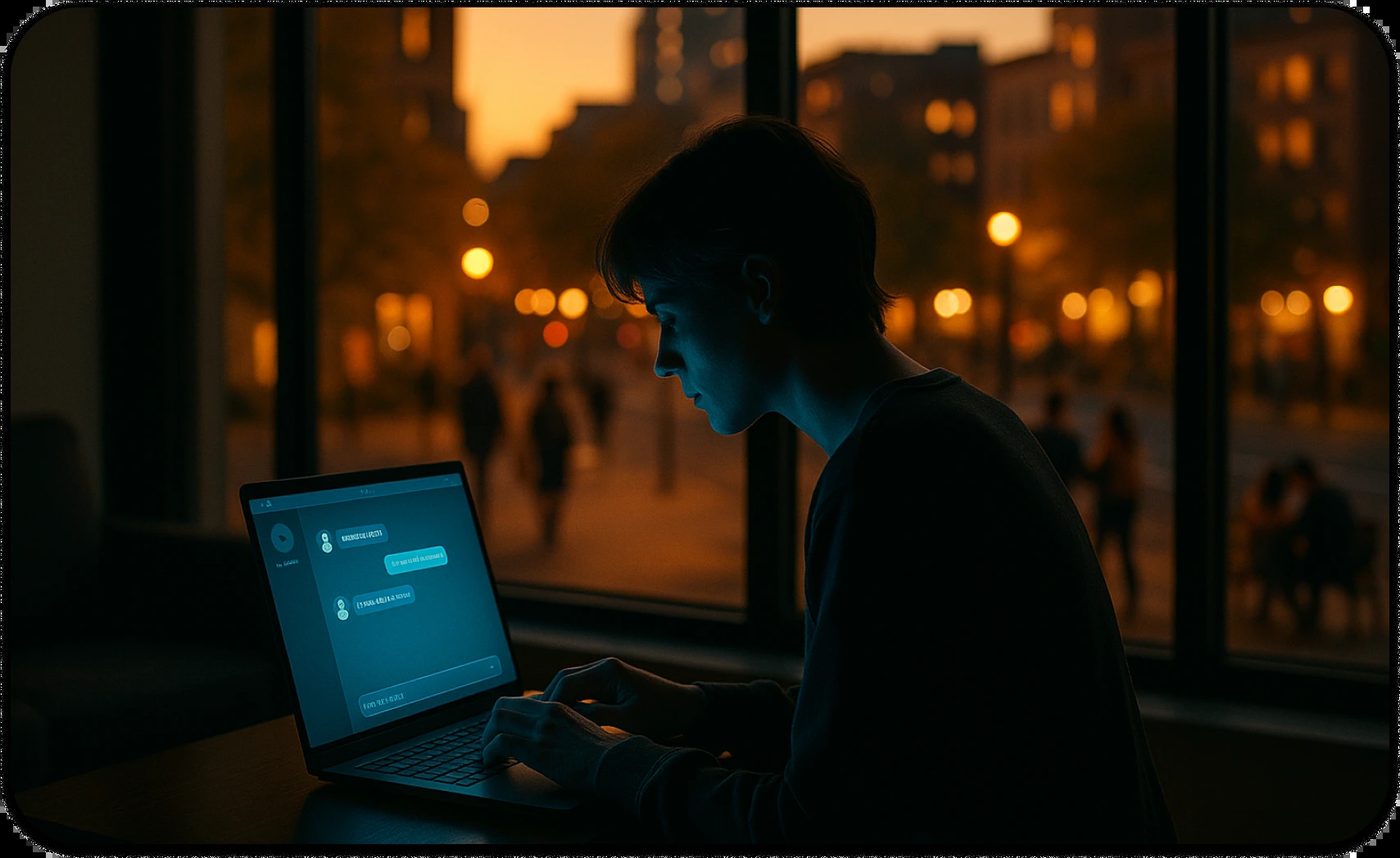 A person looking at a laptop with an AI chat bot and talking to the AI chat bot about how the person is feeling and treating him like a therapist this begs the question whether AI can replace therapists
