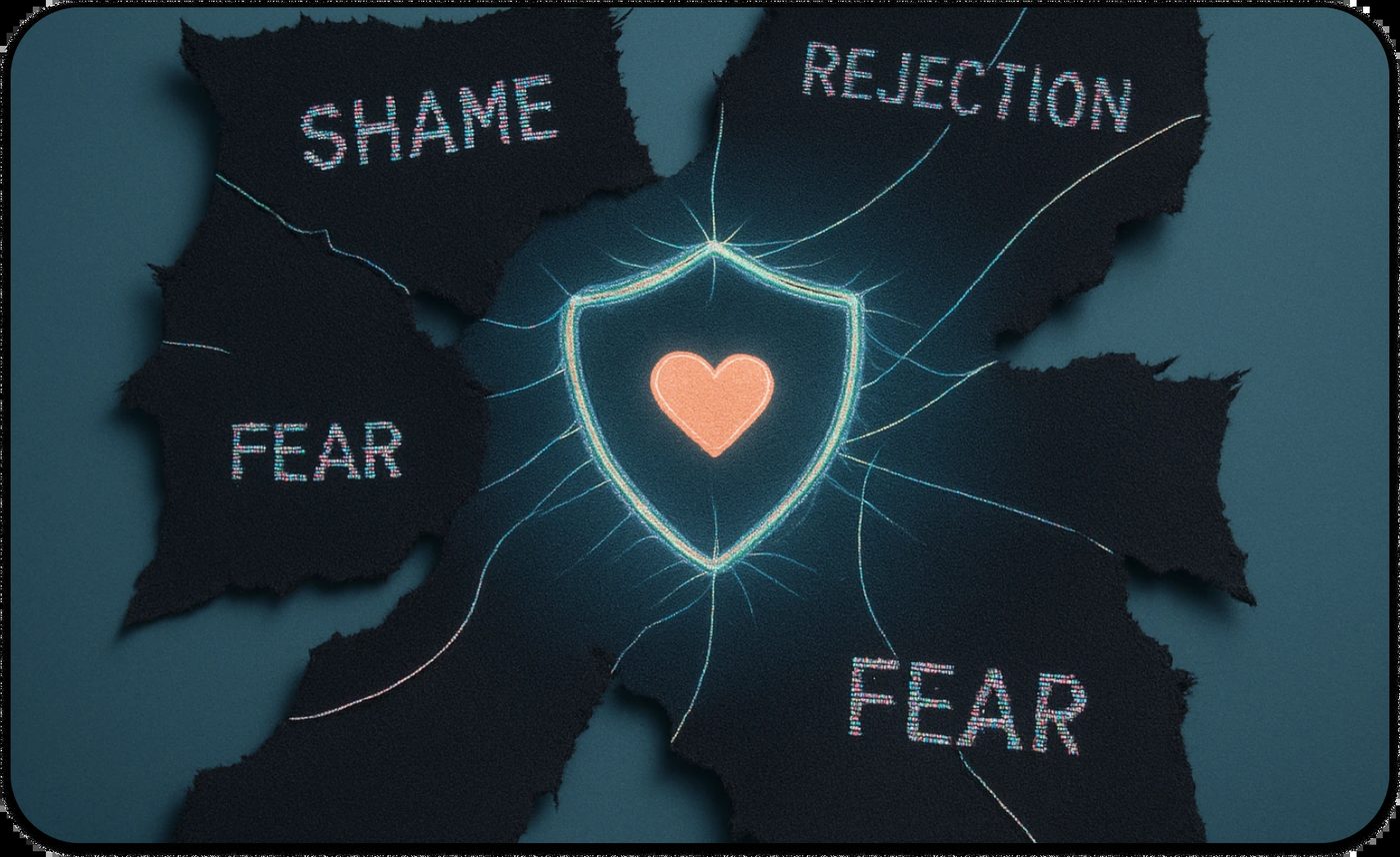 Attachment-Focused EMDR shown as a glowing shield with heart protecting against shame, rejection, and fear.