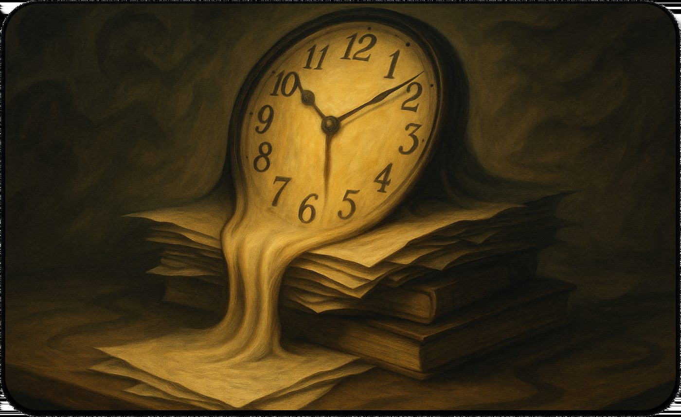 Melting clock over books and papers, symbolizing the struggle of procrastination and learning how to stop procrastinating.