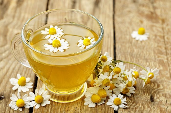 Cup of chamomile tea with chamomile flowers
