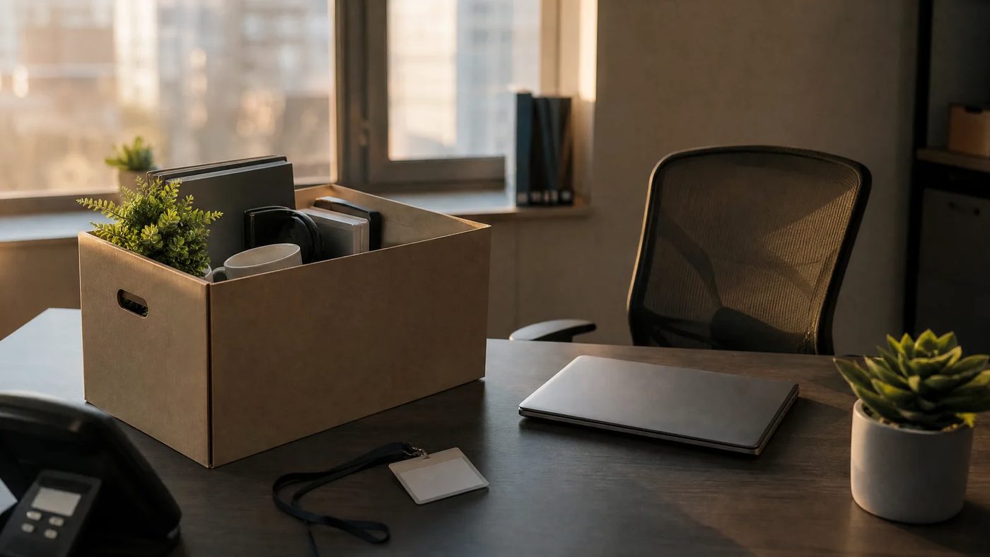 A packed box on an empty office desk, representing grief after leaving a toxic workplace