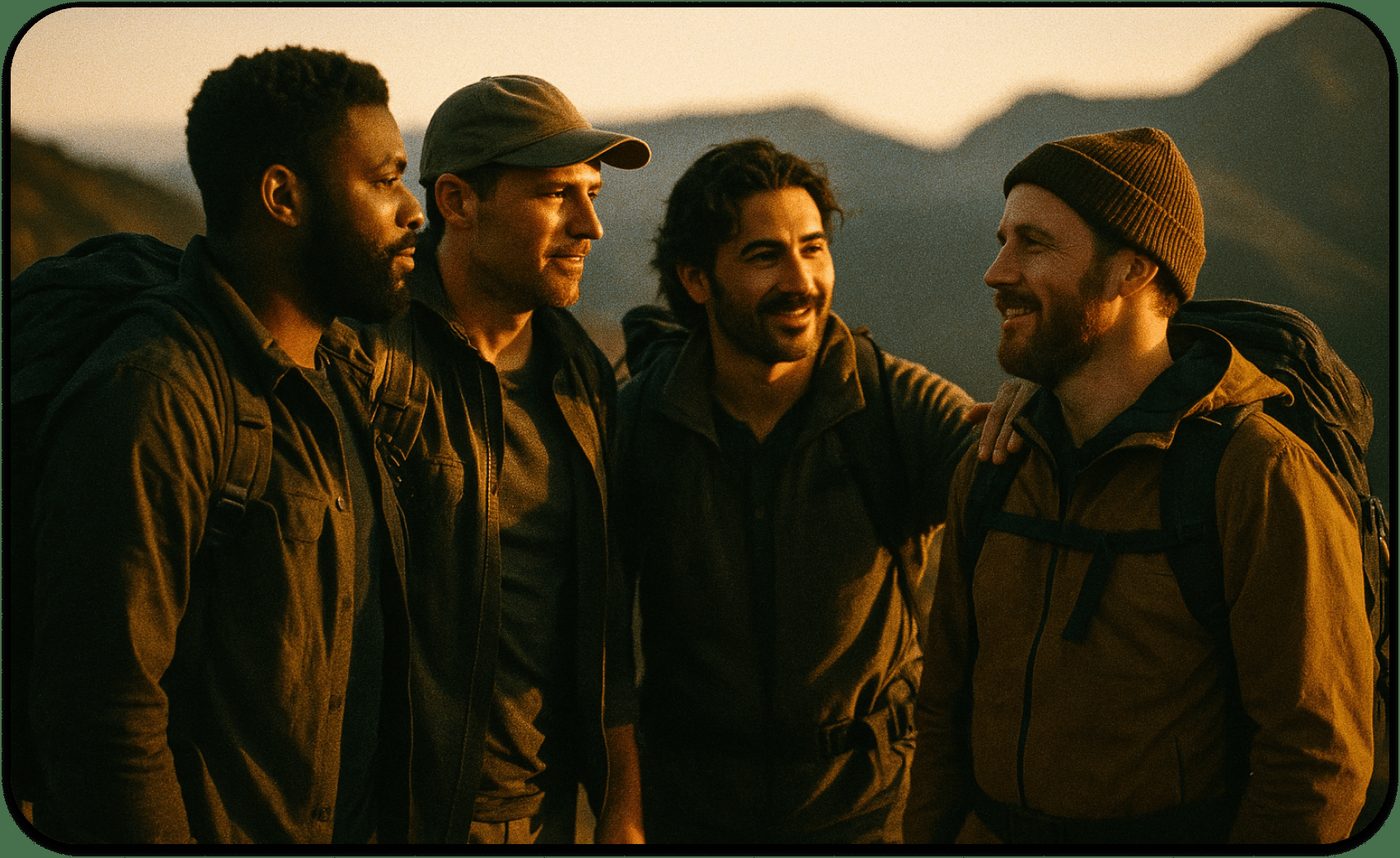 Four men in outdoor clothing and backpacks stand close together, smiling and talking about mens mental health, with mountains in the background at sunset.