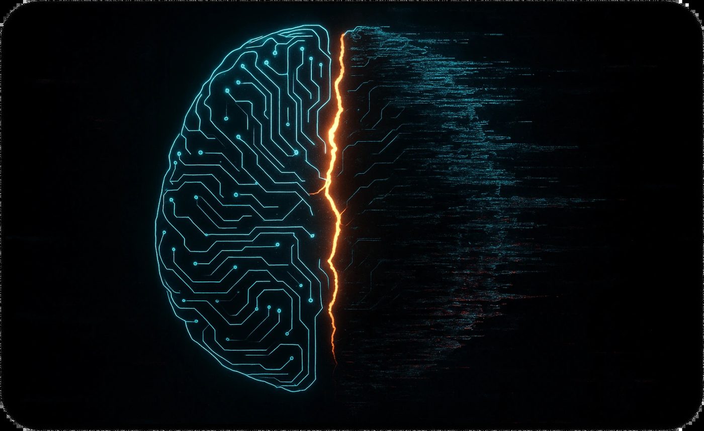 Abstract glowing brain with circuit patterns and split design, representing AI in therapy and mental health.