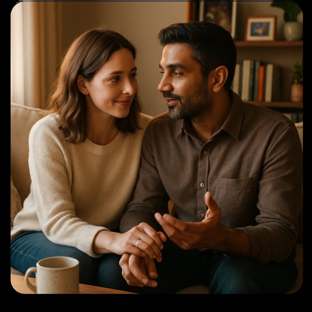 Married couple sitting on a couch in a cozy living room, engaged in a warm, intimate conversation while gently holding hands, symbolizing emotional closeness and strong communication. They are working on marriage tips.