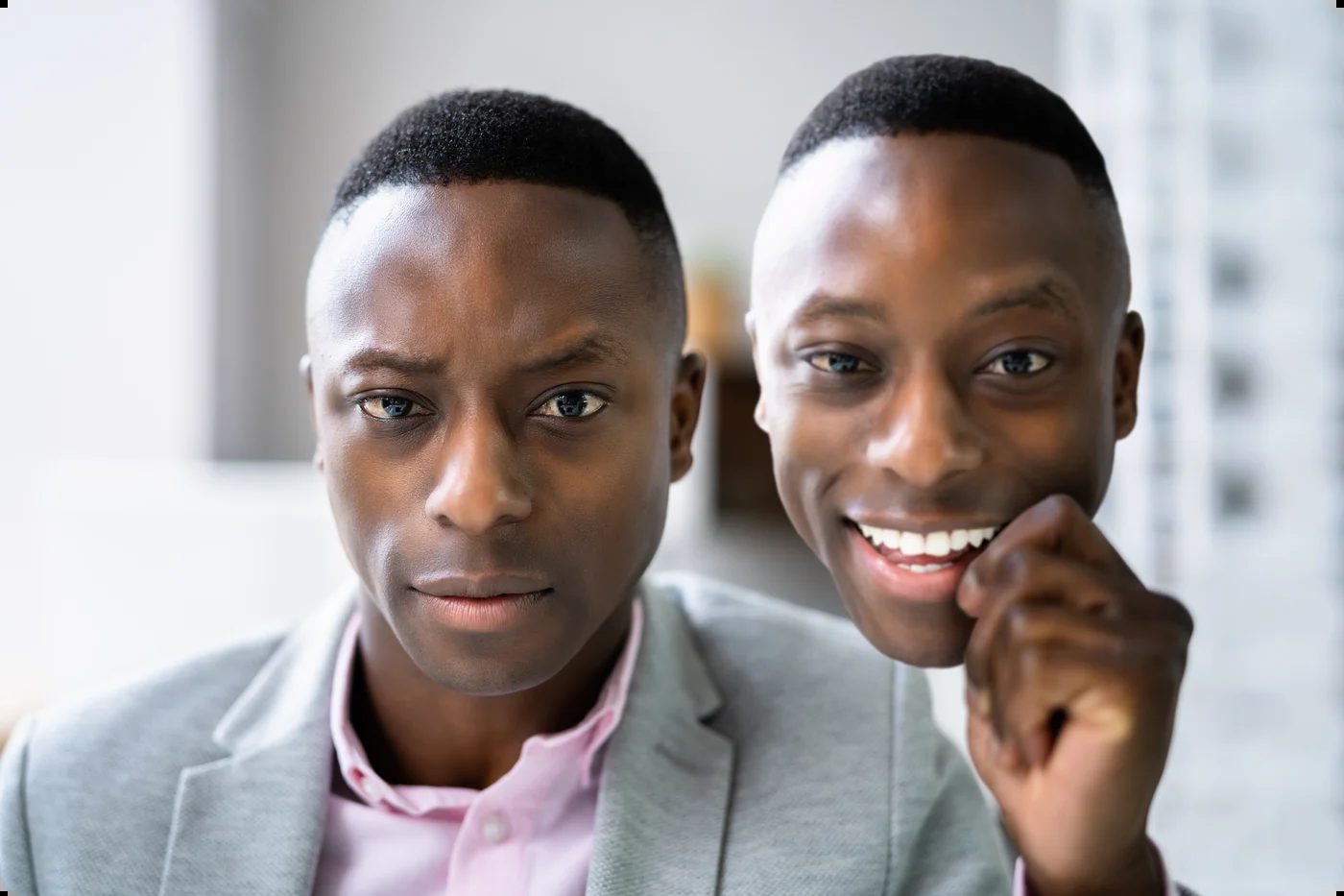 A professional holds a smiling mask beside his unsmiling face, illustrating imposter syndrome.