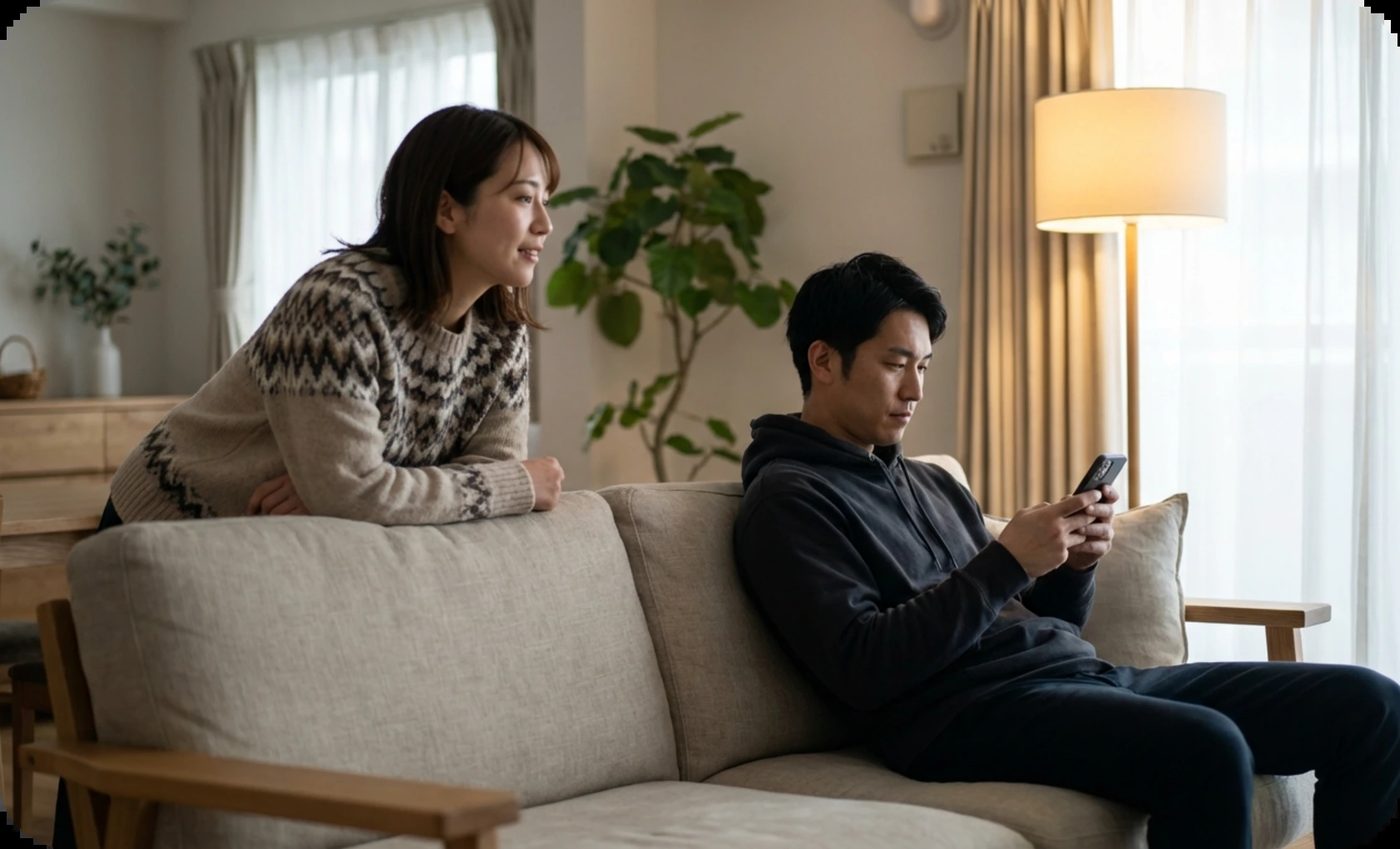 Asian woman leans on sofa, looking right, while Asian man sits next to her, focused on smartphone in a bright living room, concerned about her partner's potential