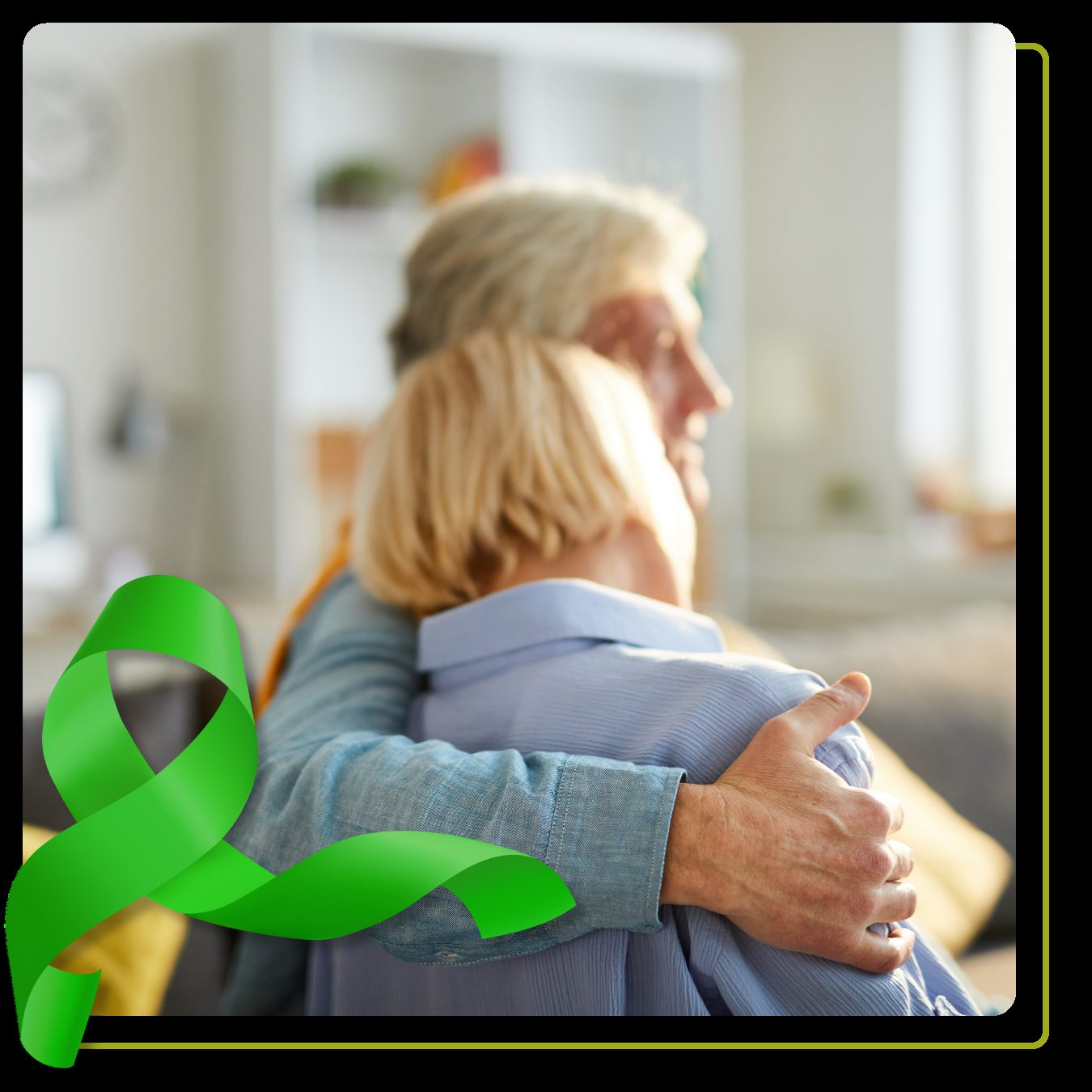 Back view portrait of happy senior couple embracing sitting on sofa at home