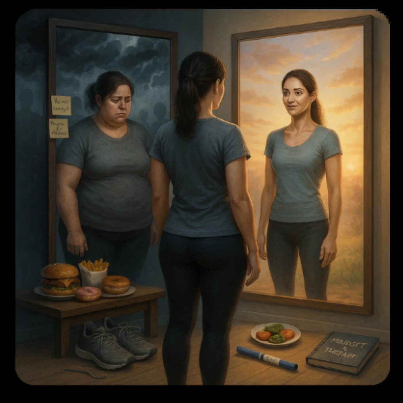 A woman stands barefoot in a softly lit bedroom at dawn, gazing into a full-length mirror. Her current reflection shows her past self at a higher weight, sitting on a bed surrounded by emotional clutter. The woman's present self looks calm and accepting, with one hand over her heart. Around the room are personal items like a journal, sneakers, a therapy workbook, and a medication pen. Affirmation notes and morning light hint at healing, resilience, and a long mental and emotional journey with weight loss.