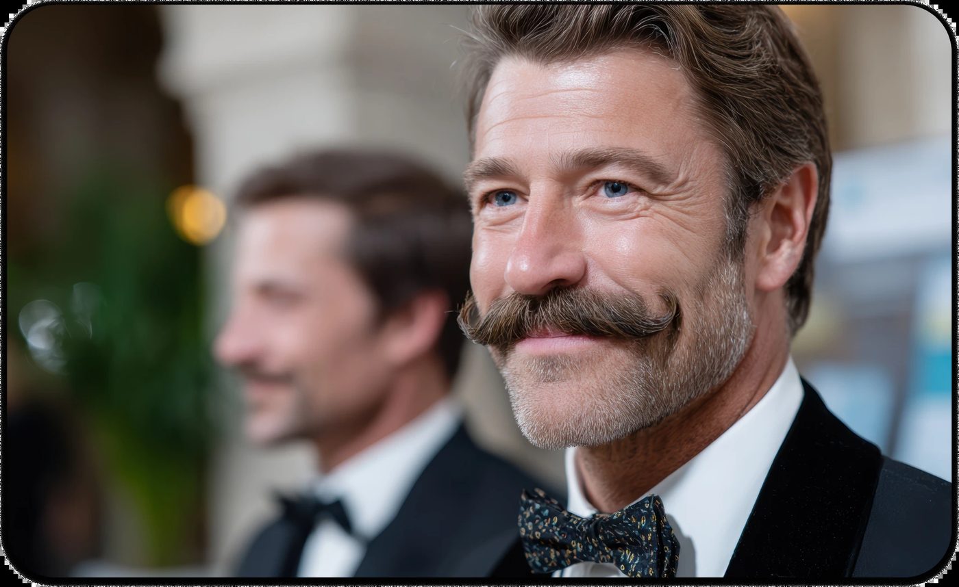 Man with a styled mustache in a suit during a Movember event.