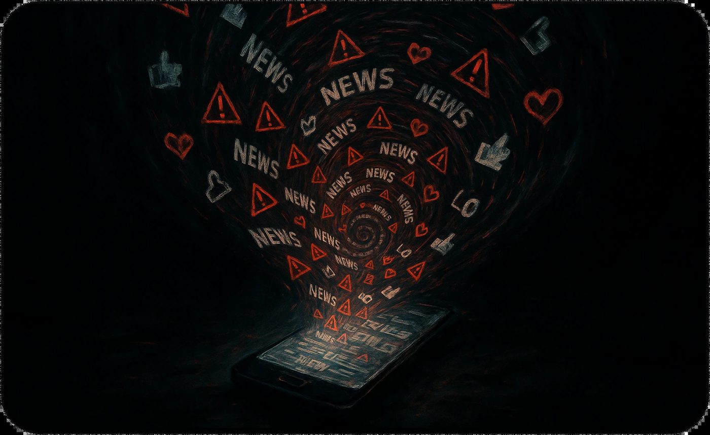 Smartphone projecting endless spiral of news and warnings, comparing doomscrolling and hope questing.