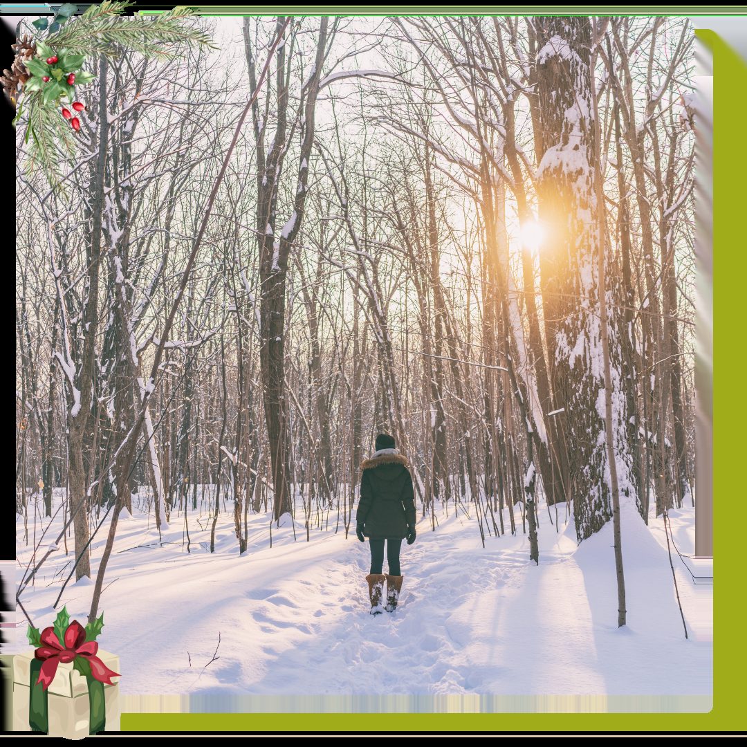 woman walking away in snowy forest