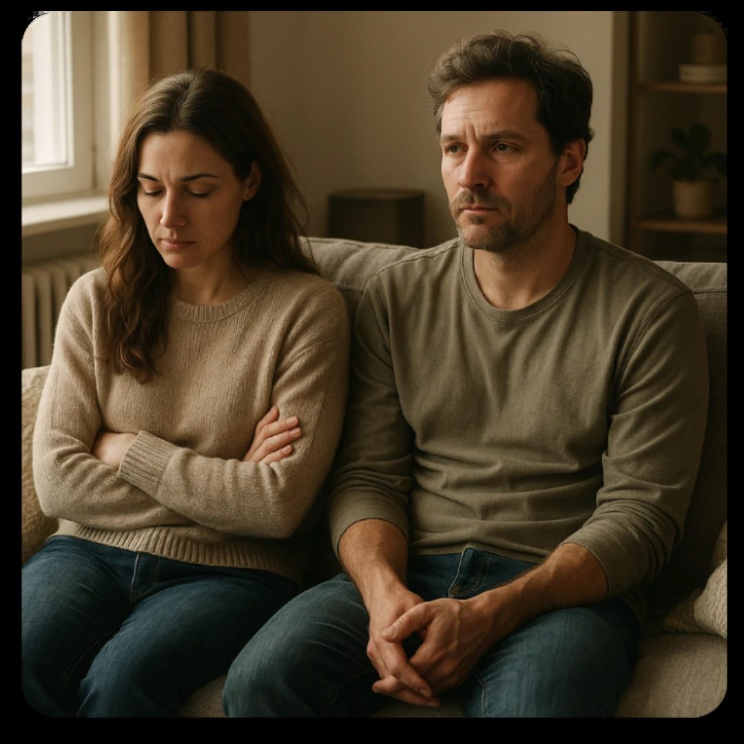 Couple sitting in silence on a couch, emotionally distant, highlighting relationship tension and lack of connection despite physical closeness.