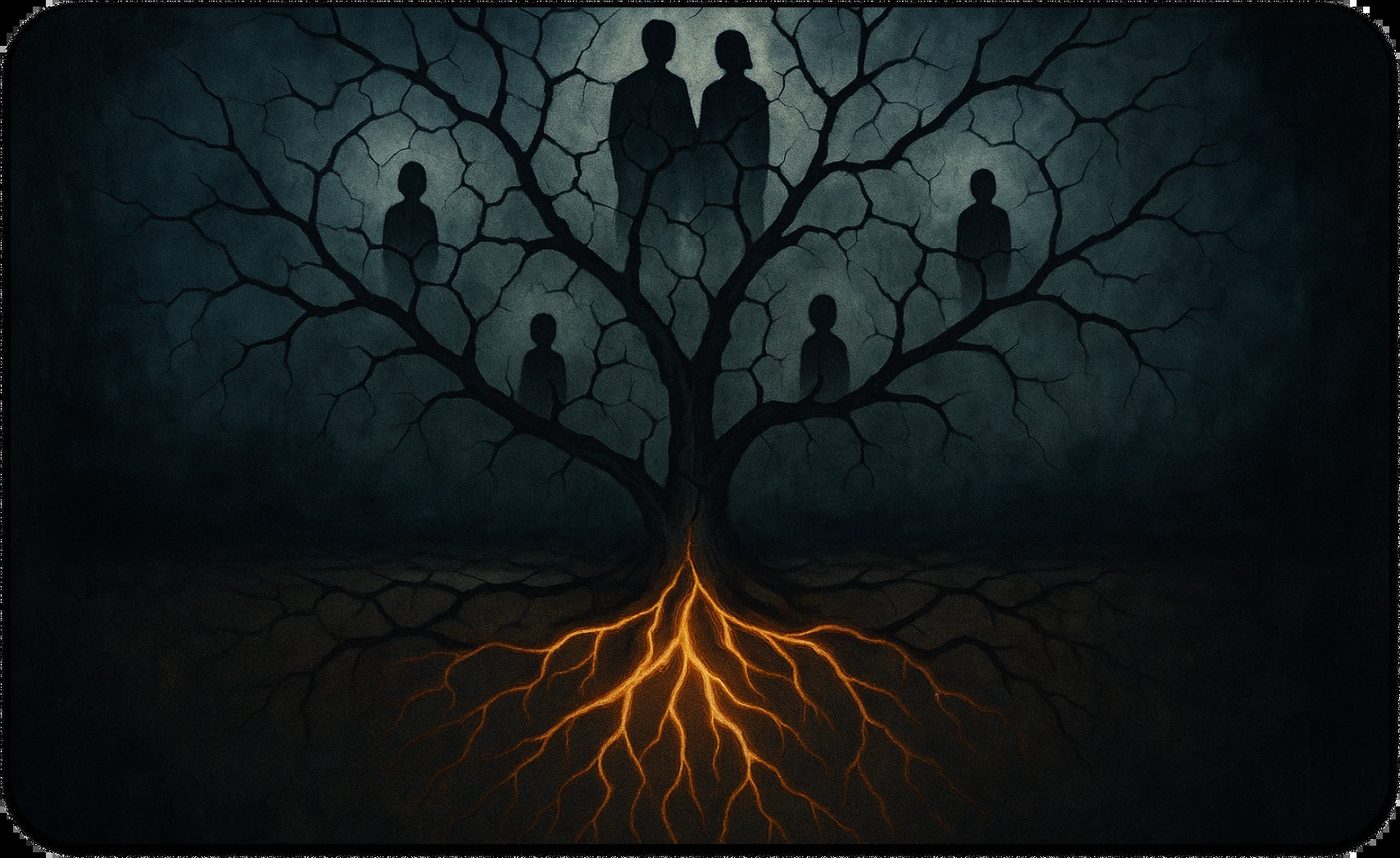 Abstract family tree with deep glowing roots symbolizing intergenerational trauma and ancestral impact.