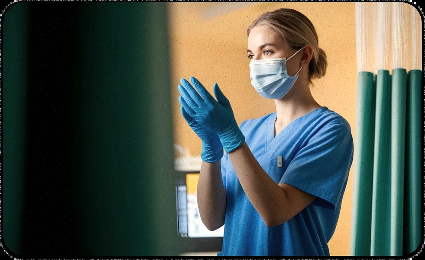 Nurse preparing with gloves and mask, symbolizing preventive trauma treatment for first responders in medicine.