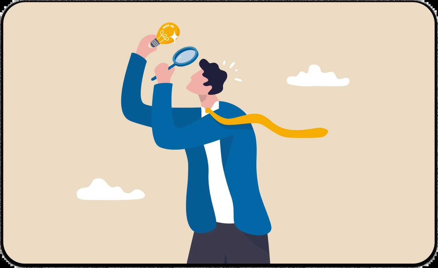 Illustration of a man examining a lightbulb with a magnifying glass, representing Perfectionism and Childhood Trauma.
