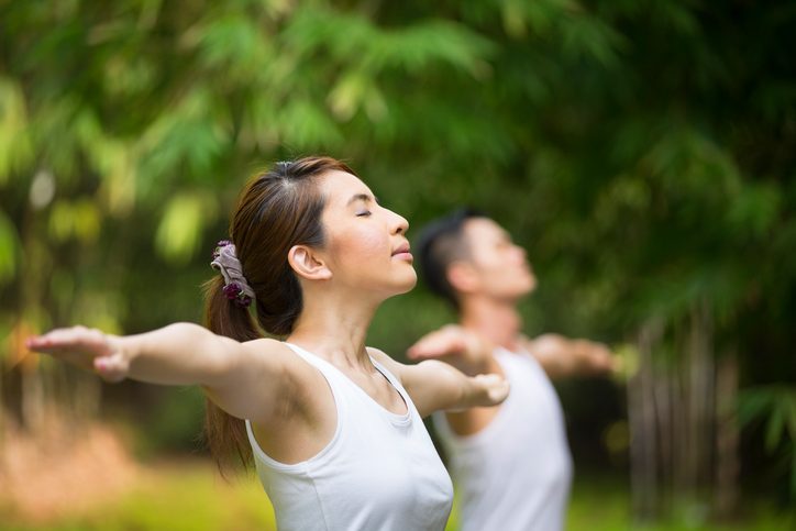 Two people stand in garden and do tai chi