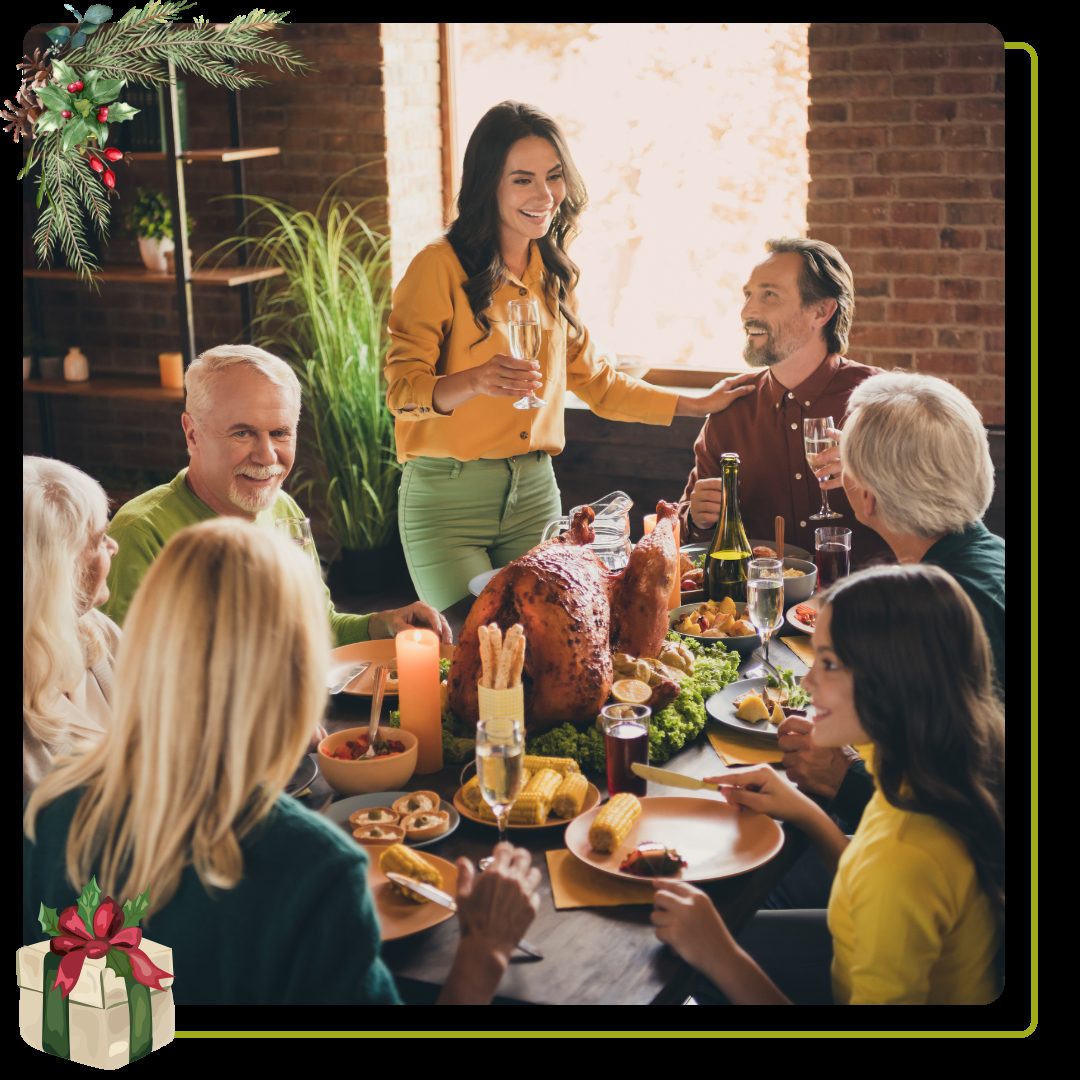 A family eating a dinner together during the holidays