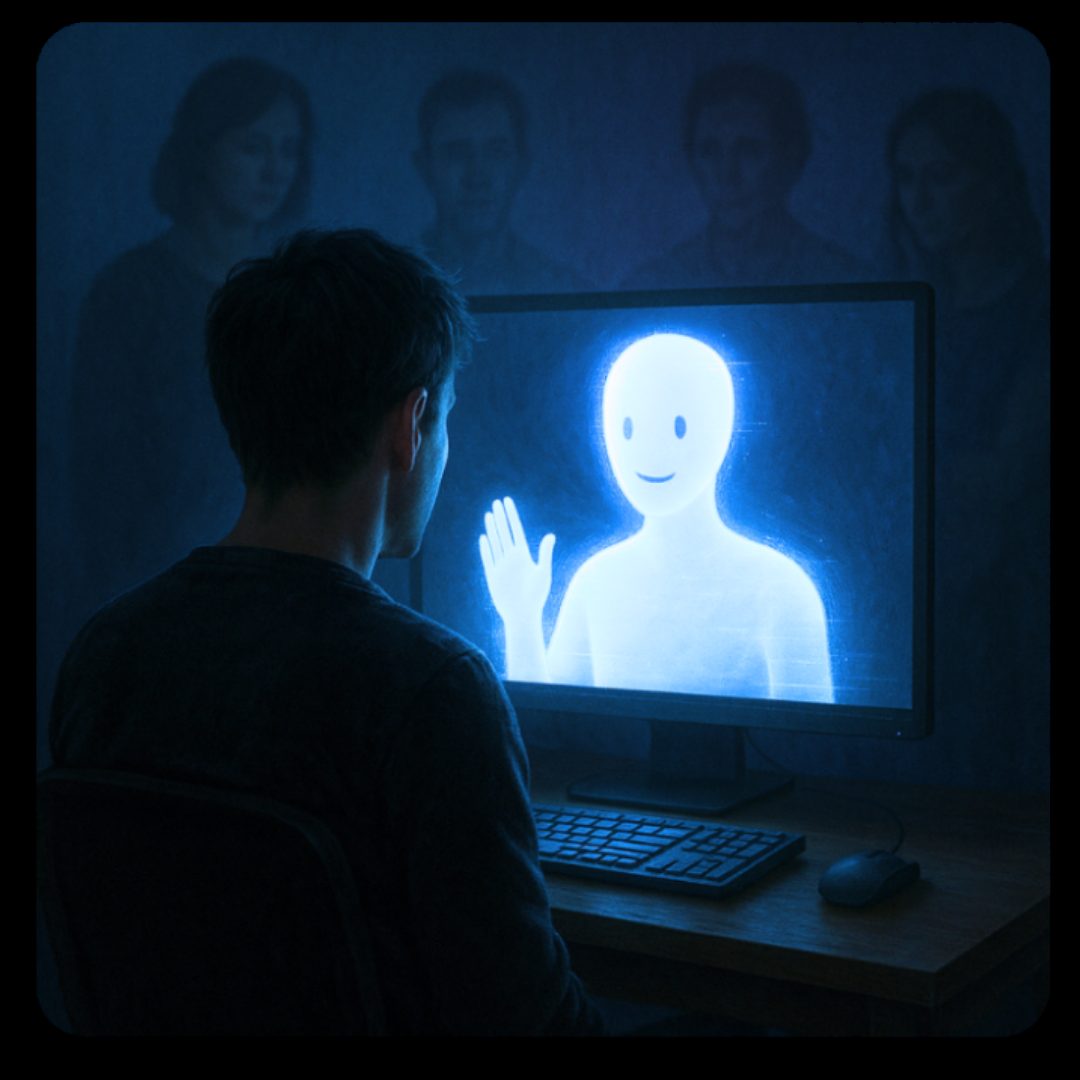 Person sitting alone at night in front of a glowing computer screen showing an abstract AI figure, symbolizing emotional reliance on artificial intelligence over real human connection.