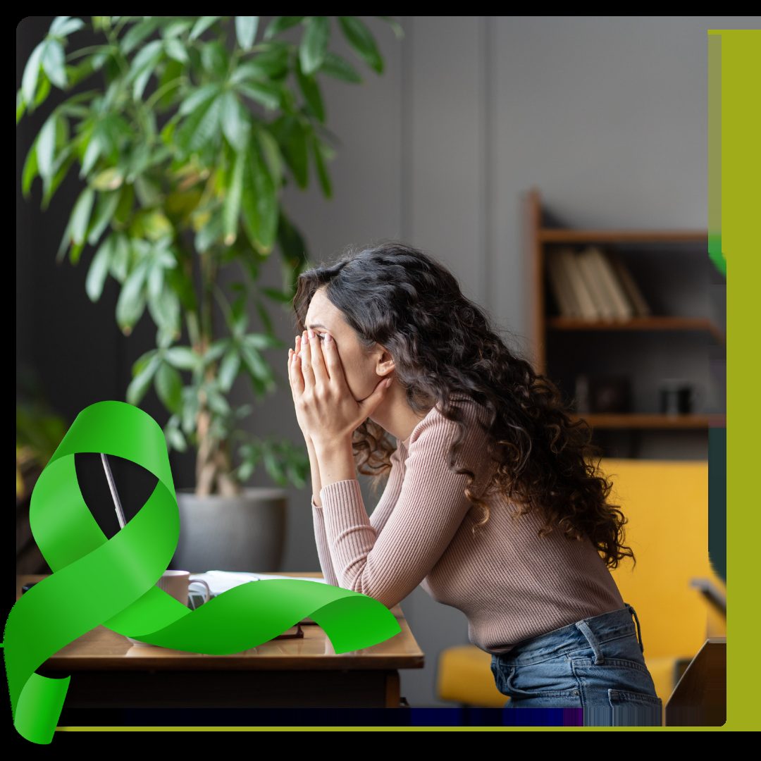 Woman experiencing work burnout, struggling to focus
