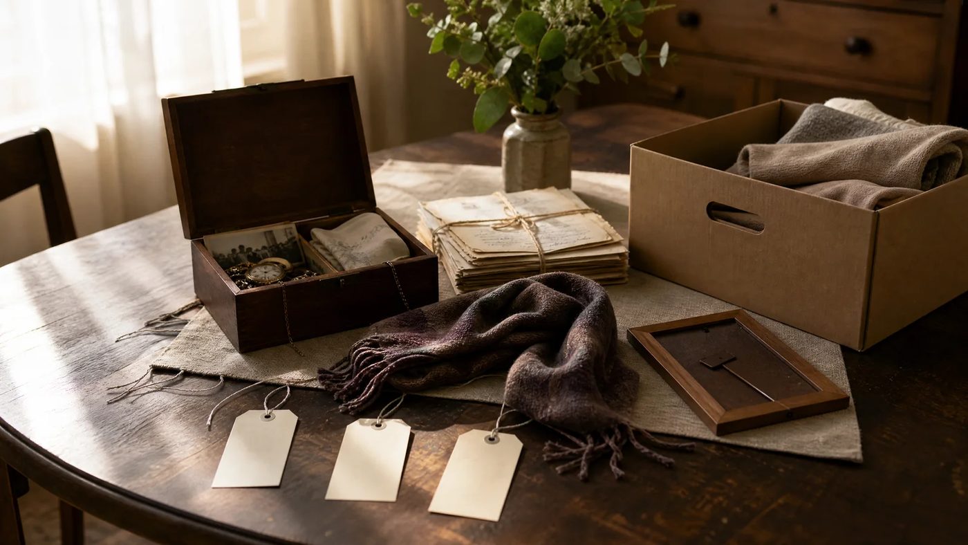 Letters, photographs, a keepsake box, and folded clothing arranged for sorting