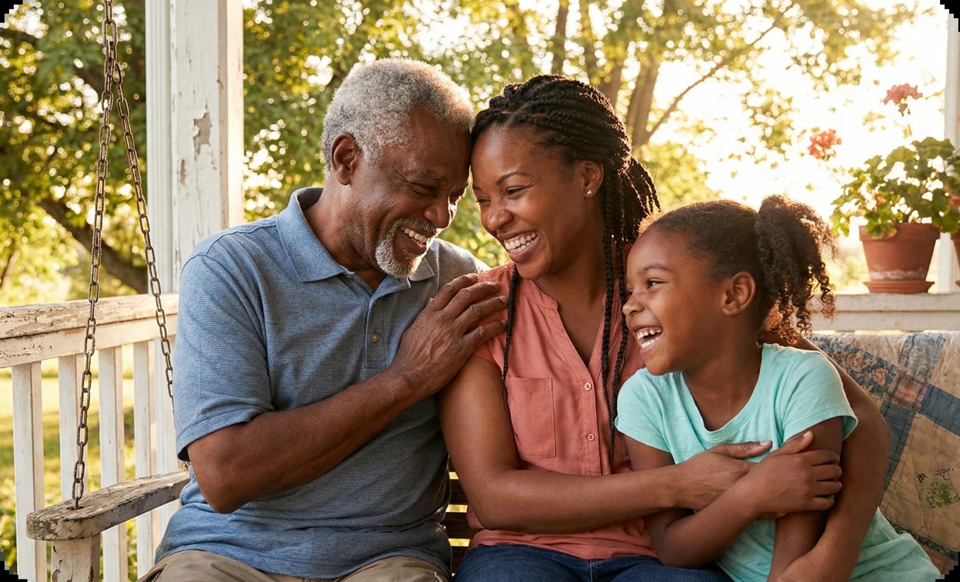 A Black grandfather, mother, and daughter laugh joyfully on a porch swing, embodying positive black mental health and strong family bonds.