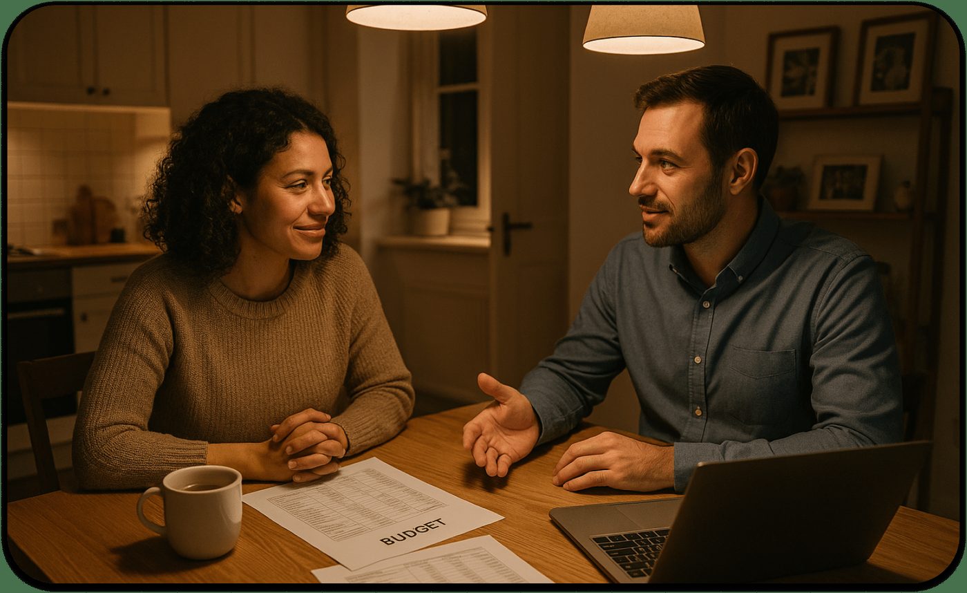 Man and woman discussing budget planning at a table, enhancing personal finance management strategies to relieve financial stress and anxiety