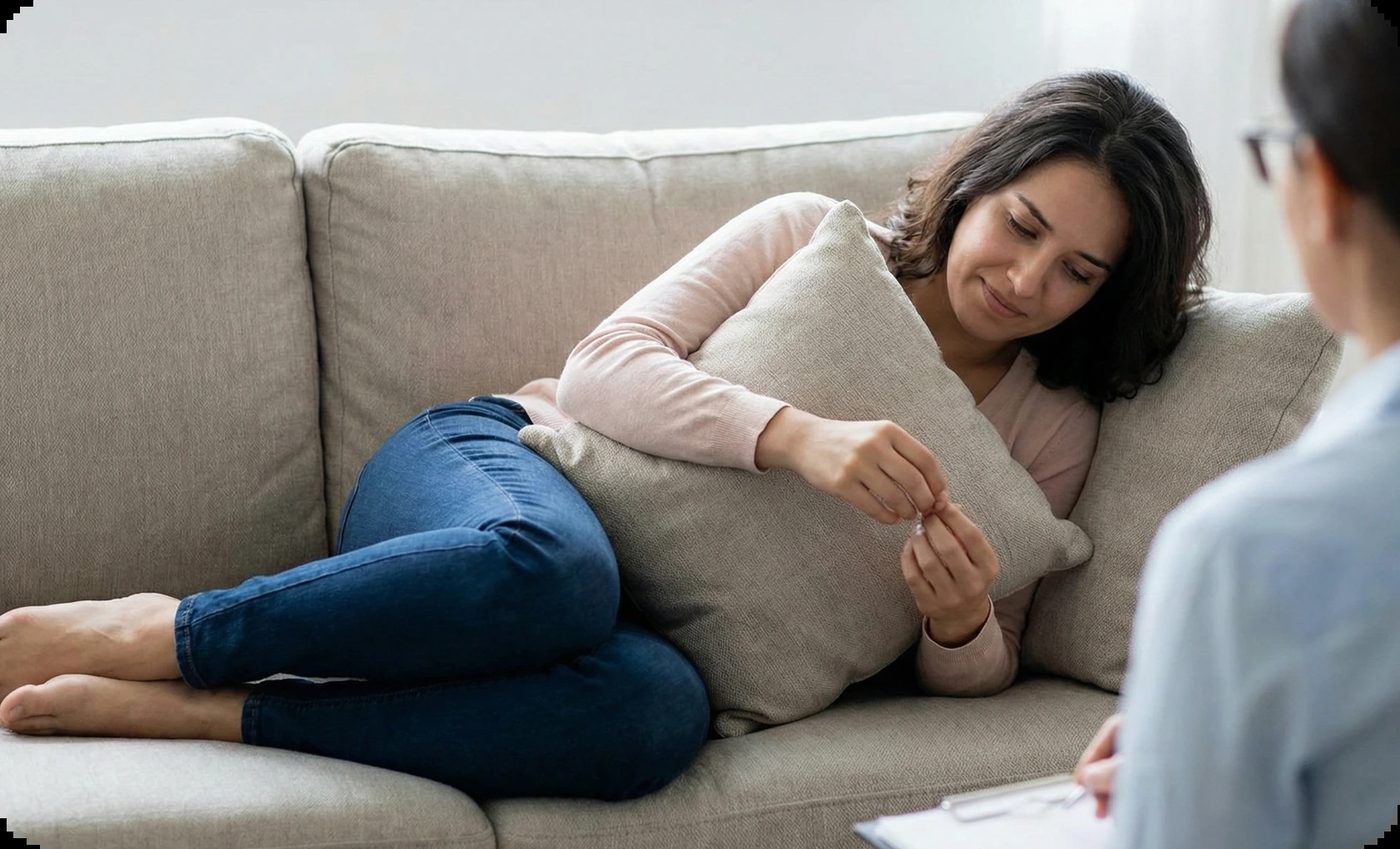 Woman on couch holding pillow, appearing pensive during a therapy session, illustrating why therapy feels hard.