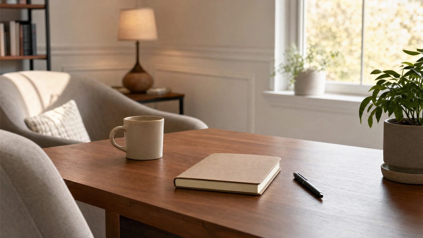 Quiet therapy office desk with notebook, mug, pen, and plant