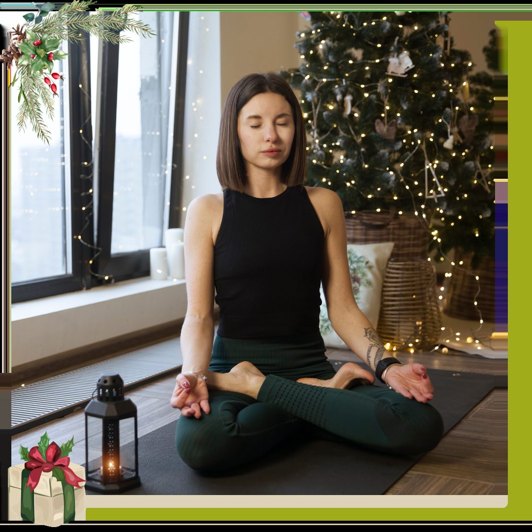 young woman meditating in front of a christmas tree