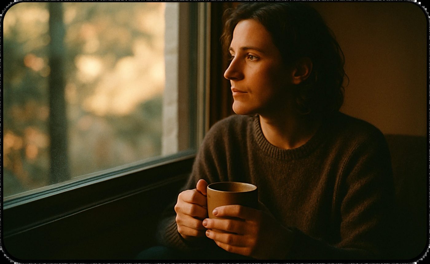 a woman holding a cup looking out a window experiencing betrayal trauma