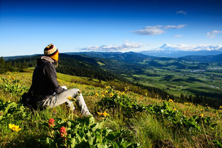 Person sits in meadow on hillside